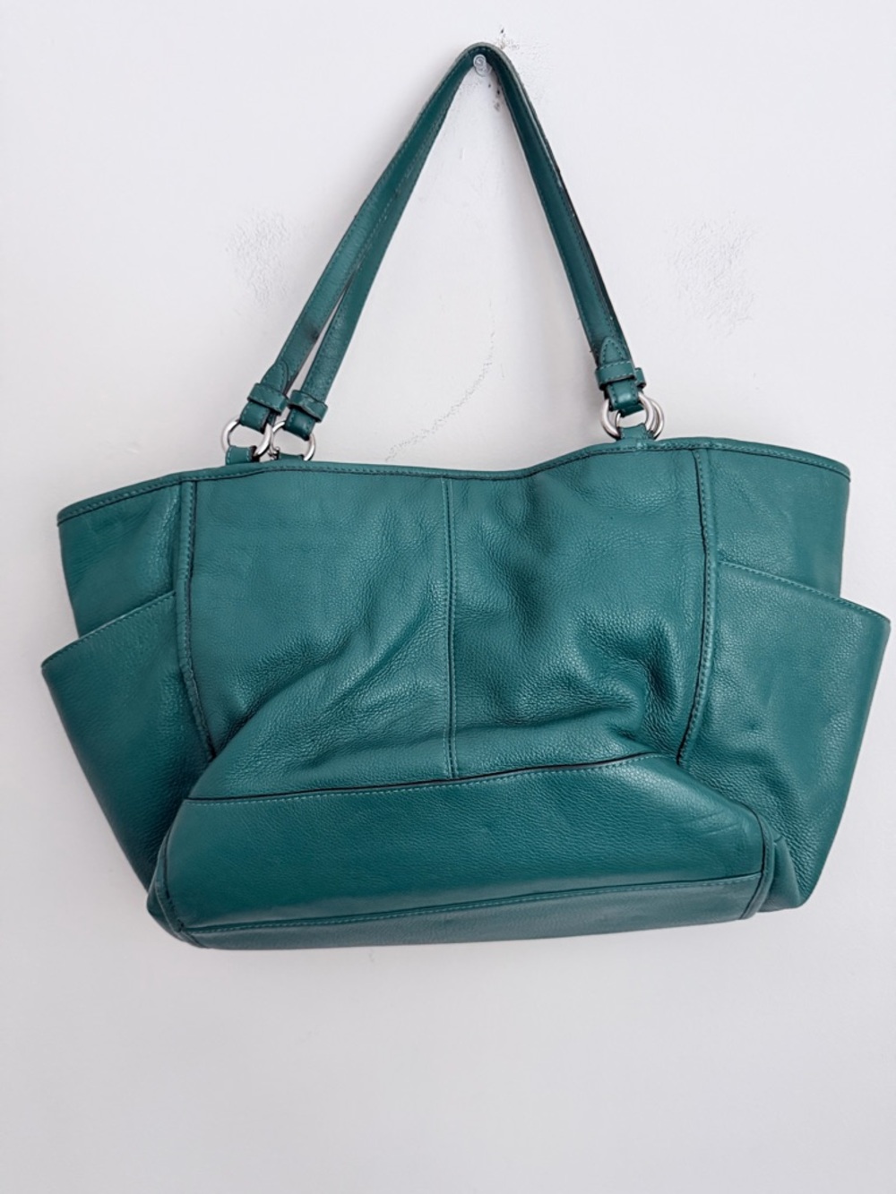 Coach Teal Pebbled Leather Park North South Tote Bag Hangtag Tassel - Picture 2 of 13